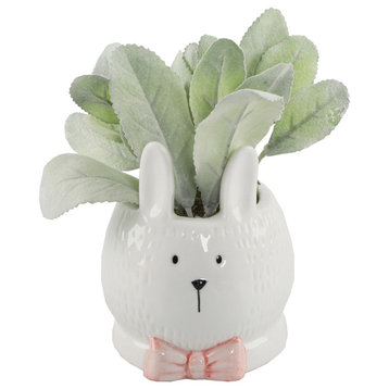 4" Lamb's Ear Ceramic Bunny With Pink Bow