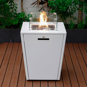 LeisureMod Chelsea Patio Propane Aluminum Fire Pit Side Table With Lid, White