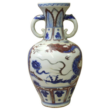 Consigned, Chinese Red Blue White Porcelain Handpainted Ear Vase
