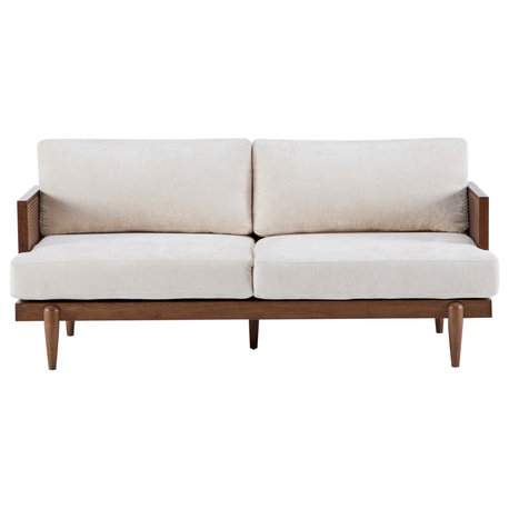 GDF Studio Doris 6' 3-Seater Sofa With Cane Rattan Arms, Walnut/Beige
