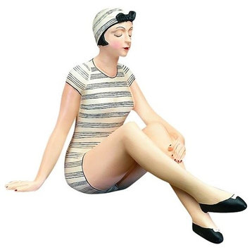 Retro Bathing Beauty Figurine Statue, Swim Suit Woman Black White Stripe