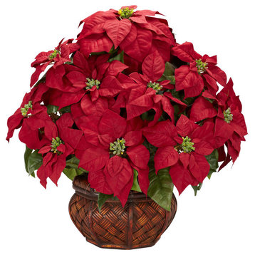 Poinsettia With Decorative Planter Silk Arrangement, Red