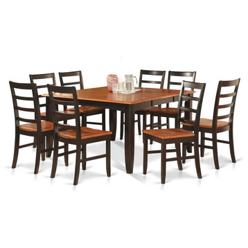 9-Piece Dining Room Set, Square Table, Leaf and 8 Chairs, Black and Cherry
