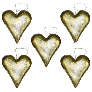 Luxe Metallic Gold Heart Ornament Set 5 Love Romantic 12 in Metallic Hanging
