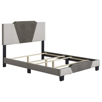 Contemporary Platform Bed, Linen Upholstery & Geometric Headboard, Brown, King
