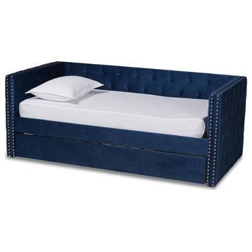 Elara Classic Velvet Daybed With Trundle, Twin Size, Navy