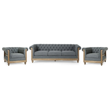 Chesterfield Tufted 3 Piece Living Room Set, Nailhead Trim, Charcoal/Dark Brown