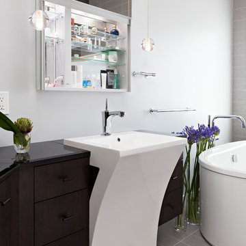 Open Contemporary Bath with Walnut Vanity and Hidden Storage