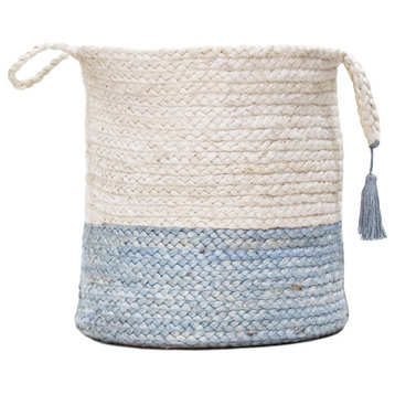 Two-Tone Off-White Jute Decorative Basket With Handles, Baby Blue, 17"