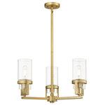 Innovations Lighting - Utopia 3 Light 8" Stem Hung Pendant, Brushed Brass, Clear Glass - Modern and geometric design elements give the Utopia Collection a striking presence. This gorgeous fixture features a sharply squared off frame, softened by a round glass holder that secures a cylindrical glass shade.
