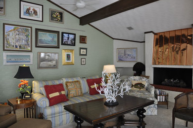 Small eclectic carpeted and gray floor family room library photo in Other with a standard fireplace, a brick fireplace, white walls and no tv