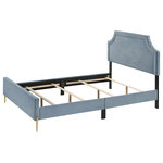 Acme Furniture - ACME Milla Eastern King Bed in Light Blue Velvet - The perfect centerpiece for your bedroom. The Milla bed features a nailhead trim headboard and a low-profile footboard style frame. Luxurious and comfortable haven to sleep in. The gold tapered metal legs provide sturdy support for years to come. This platform bed can be easily assembled with the provided step-by-step assembly instruction and hardware pack.