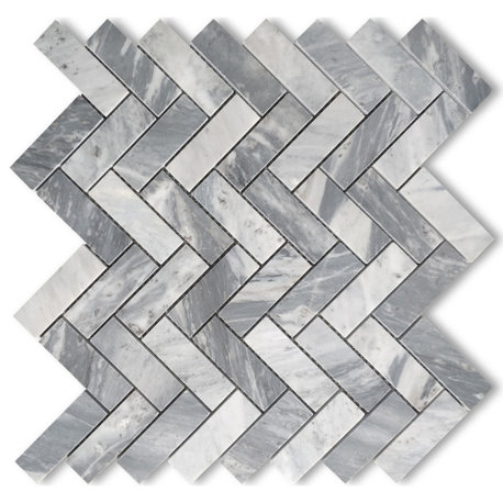 Bardiglio Gray Dark Grey Marble 1x3 Herringbone Mosaic Tile Honed, 1 sheet