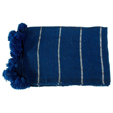 Moroccan Pom Pom Blanket White on Black, Silver on Blue