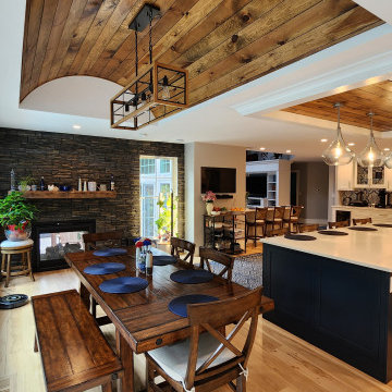 Coffered Ceiling with Wood Inlay and Coordinated Pendant Lighting