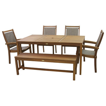 6-Piece Eucalyptus Dining Set With Grey Wicker Stacking Armchairs