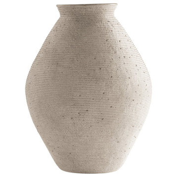 Benzara BM283065 17" Polyresin Vase, Tightly Ribbed Texture, Antique Beige