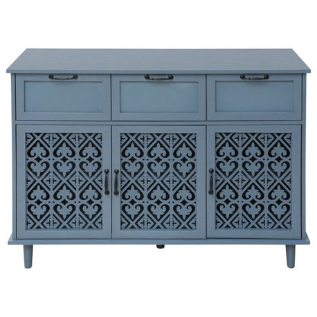 TATEUS 3 Door 3 Drawer carve patterns Cabinet, Blue.