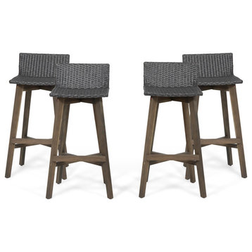 Jessie Outdoor Wood and Wicker Barstool, Set of 4, Gray, Gray Finish