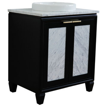 31" Single Sink Vanity, Black Finish With White Carrara Marble With Round Sink