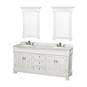 Andover 72" DBL Vanity Undermount Sinks 28" Mirrors White White Carrera Marble