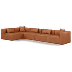 Meridian Furniture - Cube Upholstered Modular Sectional, Cognac, 5-Piece: 3 Armless Chair, 2 Corner Chair, Vegan Leather - Elevate your space with the luxurious Cube Vegan Leather Modular Sectional. This modular sectional exudes modern elegance, charm, and comfort making it a perfect addition to any contemporary living space. Its clean lines and cube shape are reminiscent of minimalist design, while the plush cognac vegan leather upholstery adds a touch of luxury and sophistication. The chair's versatile construction and geometric aesthetic seamlessly integrate into various design styles, from sleek living rooms to chic home offices, embodying the essence of modern design and creating a sense of order and tranquility in your space.