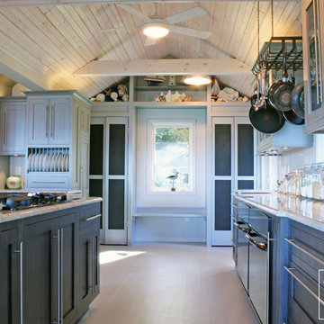 Gray & Charcoal Beach Kitchen with Double-Tiered Island
