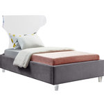 Meridian Furniture - Ghost Velvet Upholstered Bed, Gray, Twin - There's nothing scary about the Ghost grey velvet twin size bed, with its plush cushioned and upholstered side rails and footboard. A curved transparent acrylic headboard allows you to situate it in front of a window without blocking the view, and matching acrylic legs offer a beautiful contemporary appearance. This bed has a complete set of slats included for your convenience, so you won't need to purchase a box spring.