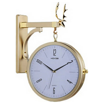 Double Sided Mount Round Station Wall Clocks, Metal Frame, Gold Cover, White l