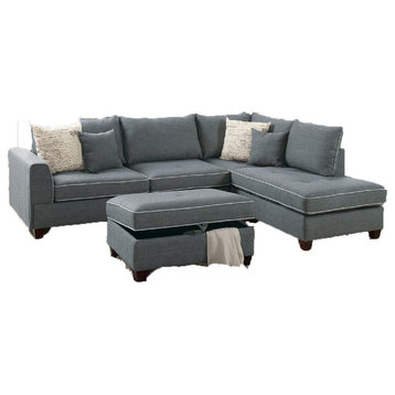 Pancevo 3-Piece Doris Fabric Sectional Sofa Set With Storage Ottoman, Steel