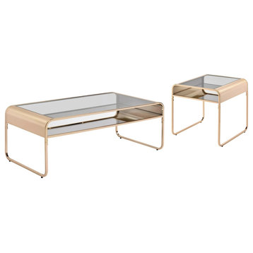Contemporary Coffee Table Set, Glass Top With Rounded Edges, Elegant Gold Frame