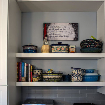 Two Tone Medallion White and Blue Kitchen with Gray Backsplash