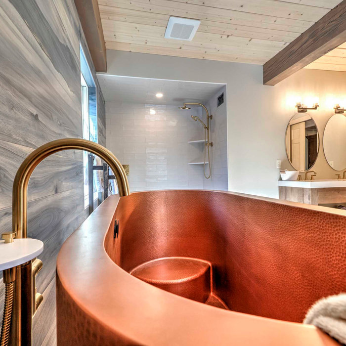 Bathroom - large master gray tile gray floor and exposed beam bathroom idea in Other with an undermount sink, white countertops and a freestanding vanity