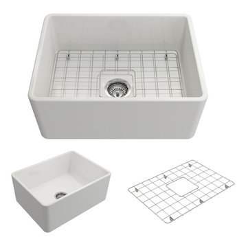 Classico Farmhouse Kitchen Sink With Grid and Strainer, White, 24"