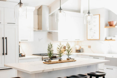 Kitchen - small transitional kitchen idea in Other with shaker cabinets, white cabinets, multicolored backsplash, stainless steel appliances, an island and multicolored countertops