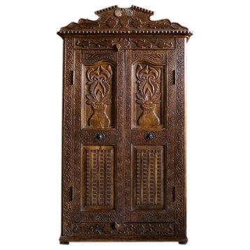 Consigned Antique India Carved Armoire, Rustic Cabinet Eclectic Interior 68x39