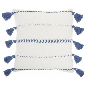 Bohemian White Cotton Accent Pillow With Blue Tassel Details