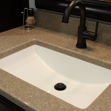 Farmhouse kitchen Taupe Painted Cabinets,Quartz Tops, and Dark Island