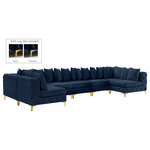 Meridian Furniture - Tremblay Velvet Upholstered 8-Piece Modular U-Shaped Sectional, Navy - Lean back and relax on this Tremblay sectional. Featuring soft navy velvet upholstery with deep button tufting, this sectional adds a bold touch to any living space. A complete set of gold and chrome legs are included, so you can change it up to suit your home decor. This sectional is modular, so you can create infinite configurations with it, which are easily attached using the latch underneath the frame. Its contemporary design is perfect for the modern home.