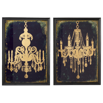 Large Indigo & Metallic Gold Chandeliers Wall Art on Iron Panels | Set of 2