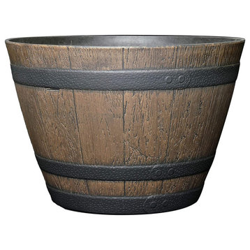 Classic Home and Garden Whiskey Resin Flower Barrel Planter, Walnut Brown, 20.5"