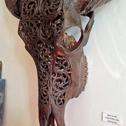 Hand Carved Skull - Water Buffalo, Filigree Design, Stained Black - Artwork