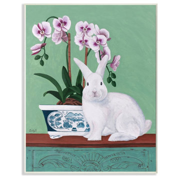 Rabbit and Flowers Pink Green Animal Painting, 13"x19"