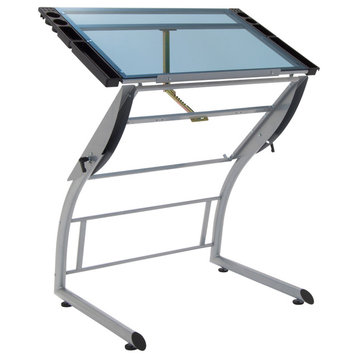 Triflex Drawing Drafting Standing Table, Silver/Blue Glass