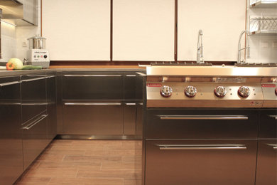 Diseño de cocina contemporánea con armarios con paneles lisos, puertas de armario en acero inoxidable y encimera de acero inoxidable