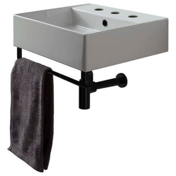 Square Wall Mounted Ceramic Sink With Matte Black Towel Bar, Three Hole