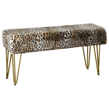 Leopard Faux Fur Bench With Gold Legs, 46''x16''x22''