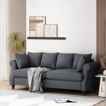 Bonny Fabric Pillowback 3-Seater Sofa With Nailhead Trim, Charcoal/Dark Brown