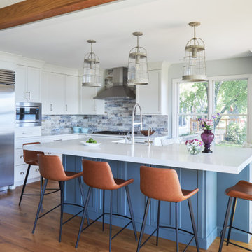 Blue Kitchen Island with Leather Bar Stools