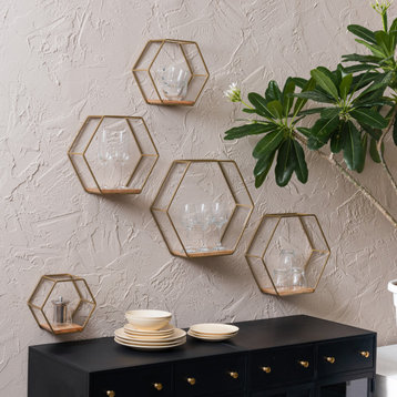 Haverstock Set Of 5 Wall Mounted Shelves, Gold/Natural